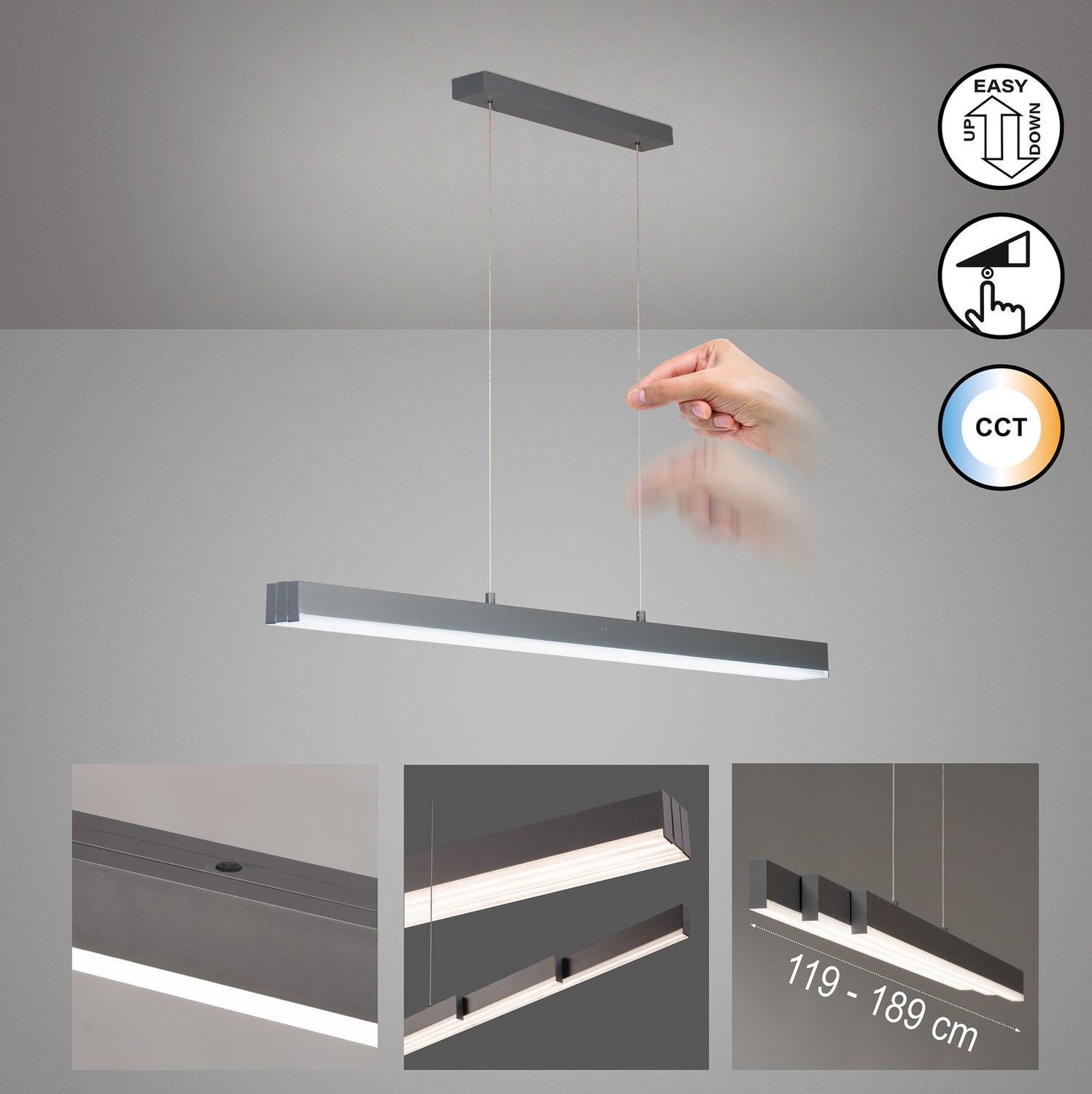 B-Ware Fischer Honsel Hängeleuchte Pendelleuchte Vayana Led Grau Touchdimmer Cct 189 Cm - 4003694612098