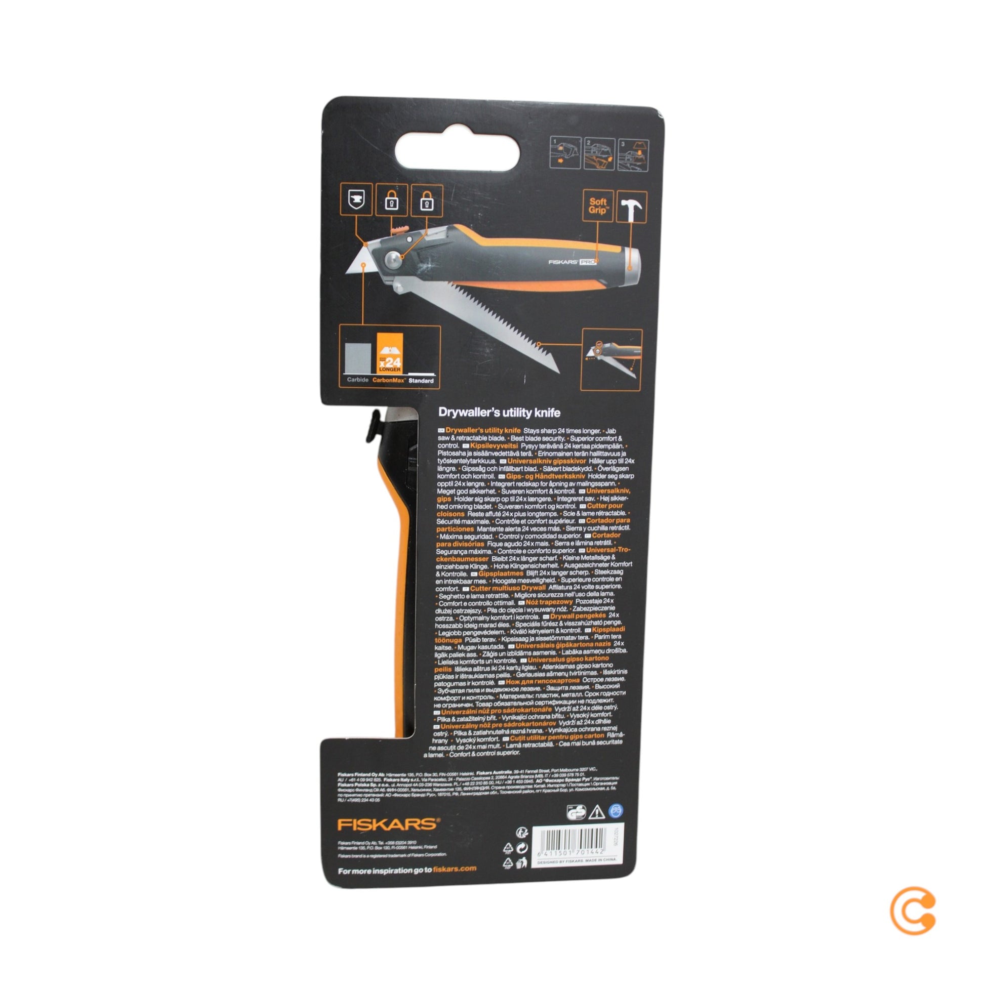 Fiskars Klappmesser Taschenmesser CarbonMax Messer Einziehklinge Schwarz Orange - 6411501701442