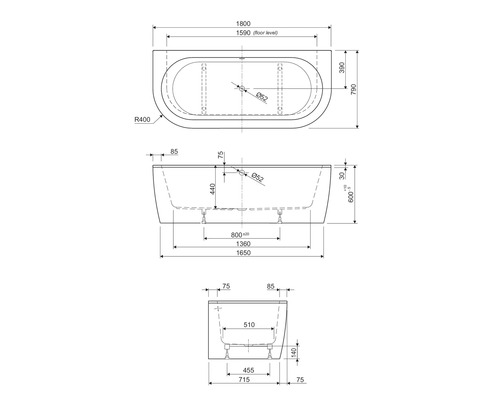 B-Ware Form&Style Badewanne Wanne Ovale Badewanne Sansibar 80 X 180 Cm Weiß Glänzend864