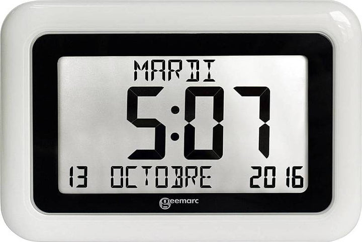 Quarz Funkuhr Uhr Tisch Digital Großes Display Wandmontage Ansage Uhrzeit Weiß B-Ware