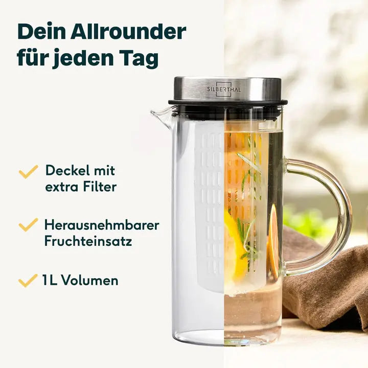 B-Ware Silberthal Glaskaraffe Wasserkrug Karaffe Borosilikatglas 1 L Mit Fruchteinsatz  - 4260470461374