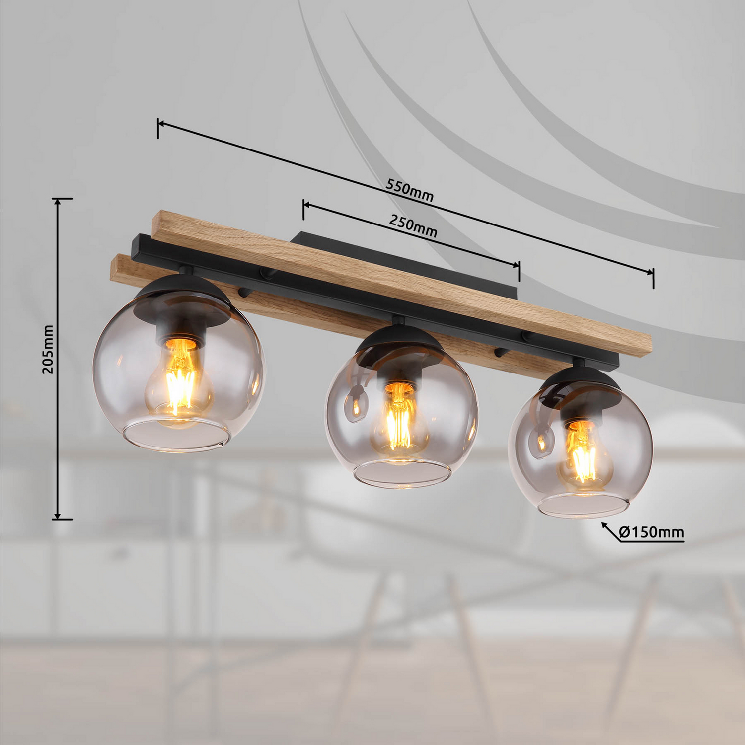 B-Ware Globo Deckenlampe Leuchte Conni Lampe Länge 60 Cm Rauchgrau Holz Glas 3 Flg - 9007371441235