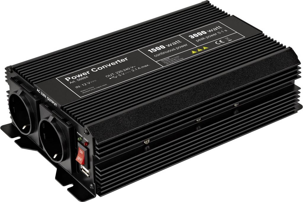 Goobay Wechselrichter Wandler SPW IT 1500 W 12 V/DC - 230 V/AC, 5 V/DC - 4040849588846