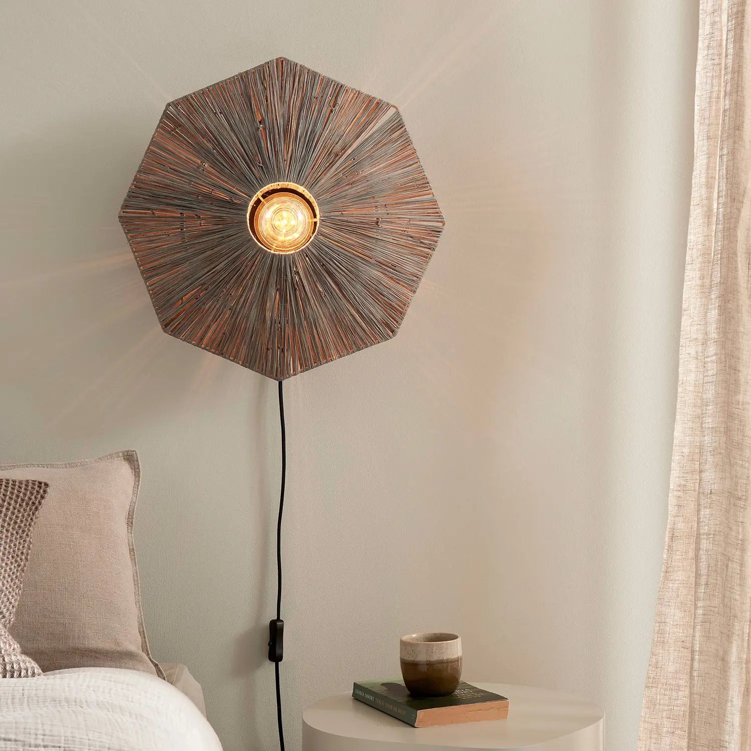 B-Ware Good Mojo Wandleuchte Panama Dunkelgrau Raffia E27 Led Schalter Stecker 45 Cm - 8716248095556