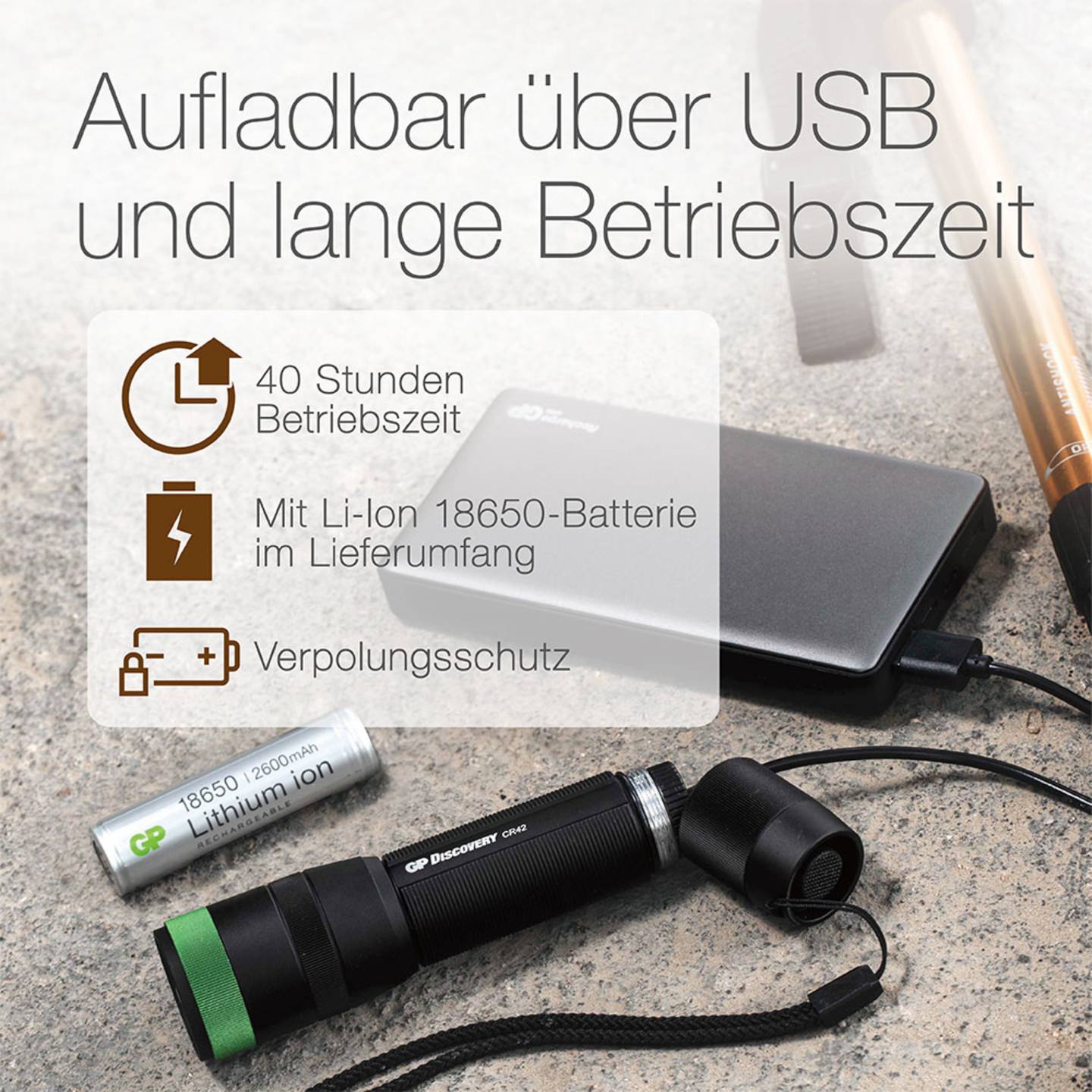 GP Discovery Taschenlampe Handlampe LED aufladbar schwarz Akku Outdoor CR42 40 h - 4891199190193
