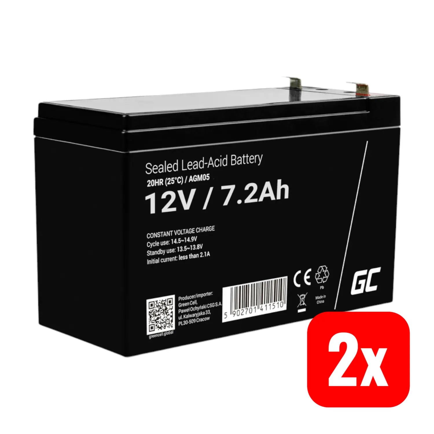 B-Ware Green Cell Bleiakku Batterie 12 V 7,2 Ah Blei Gel 151x95x65mm Flachstecker 2 Stück - 5902701411510