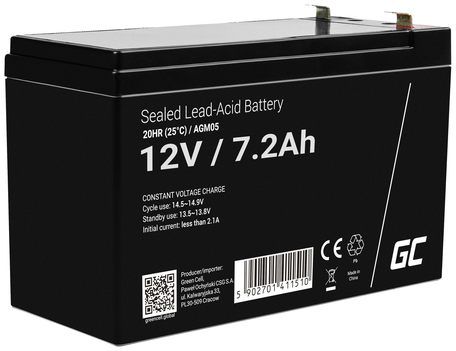 Green Cell Bleiakku Batterie 12 V 7,2 Ah Blei Gel Bx Hx T 151x95x65mm Flachstecker B-Ware - 5902701411510