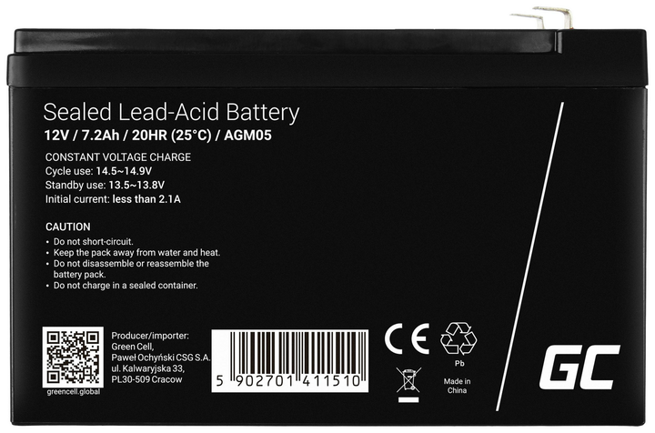Green Cell Bleiakku Batterie 12 V 7,2 Ah Blei Gel Bx Hx T 151x95x65mm Flachstecker B-Ware - 5902701411510