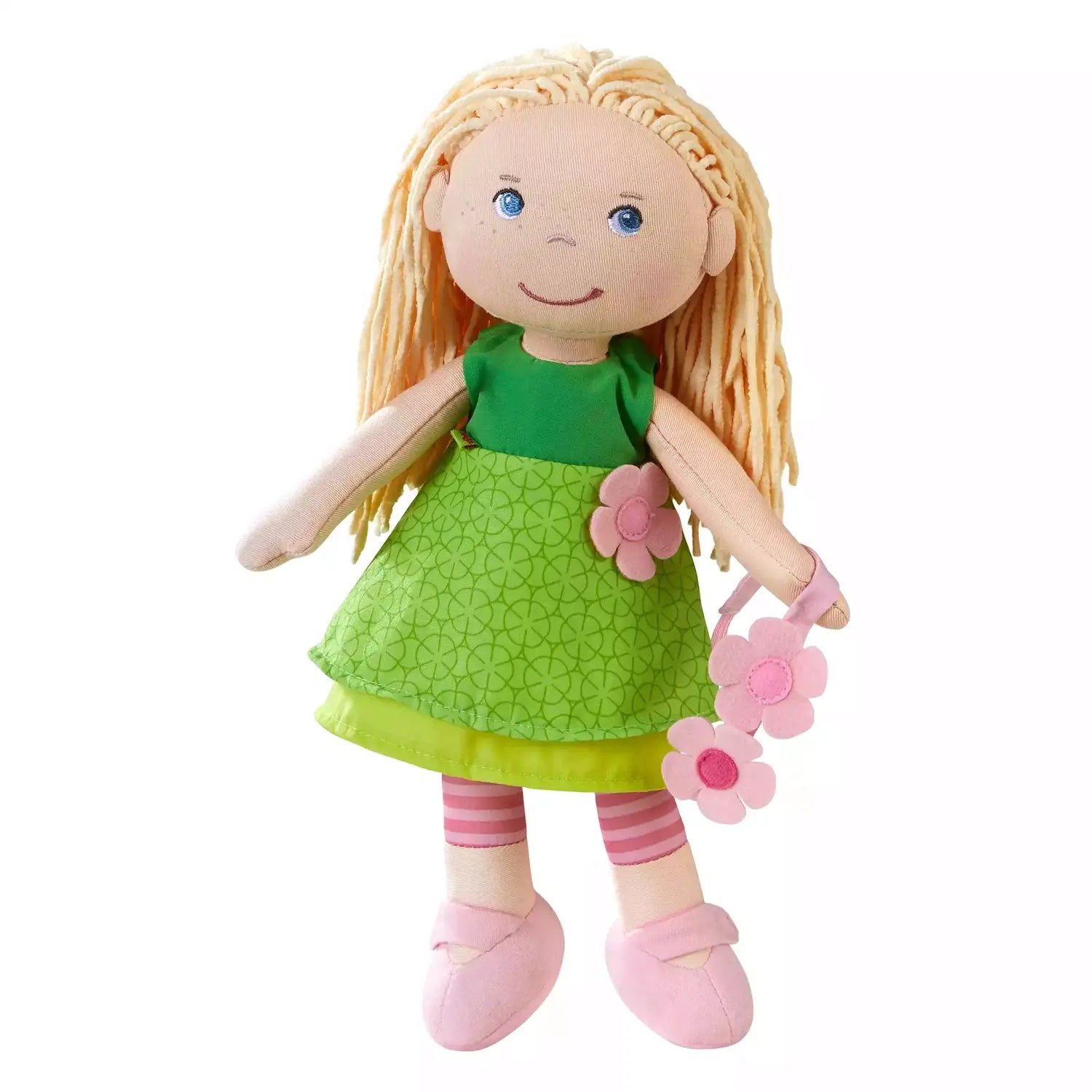 B-Ware Haba Stoffpuppe Puppe Mali Spielpuppe Kuschelpuppe Grünes Kleid Blondes Haar