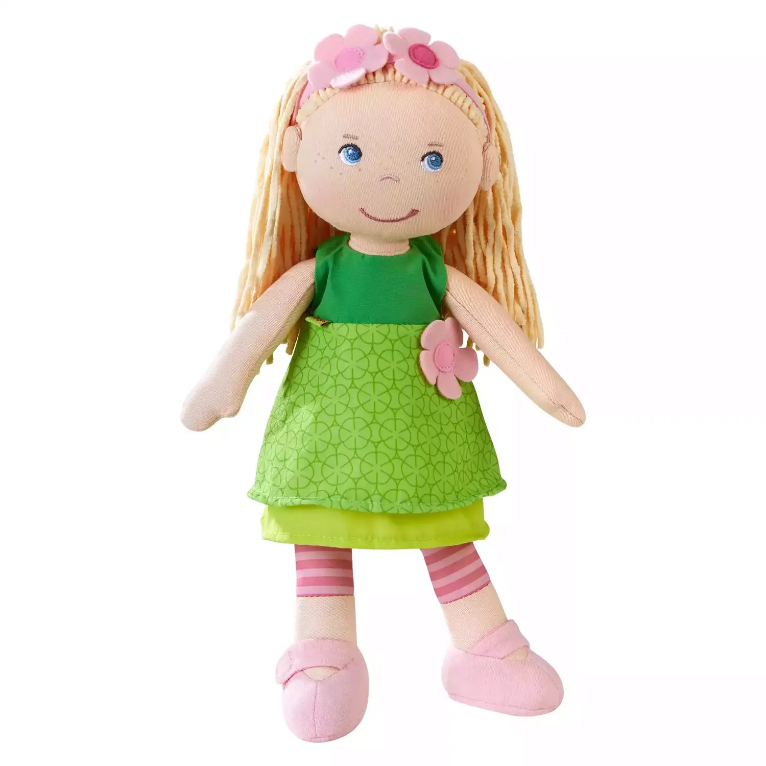 B-Ware Haba Stoffpuppe Puppe Mali Spielpuppe Kuschelpuppe Grünes Kleid Blondes Haar