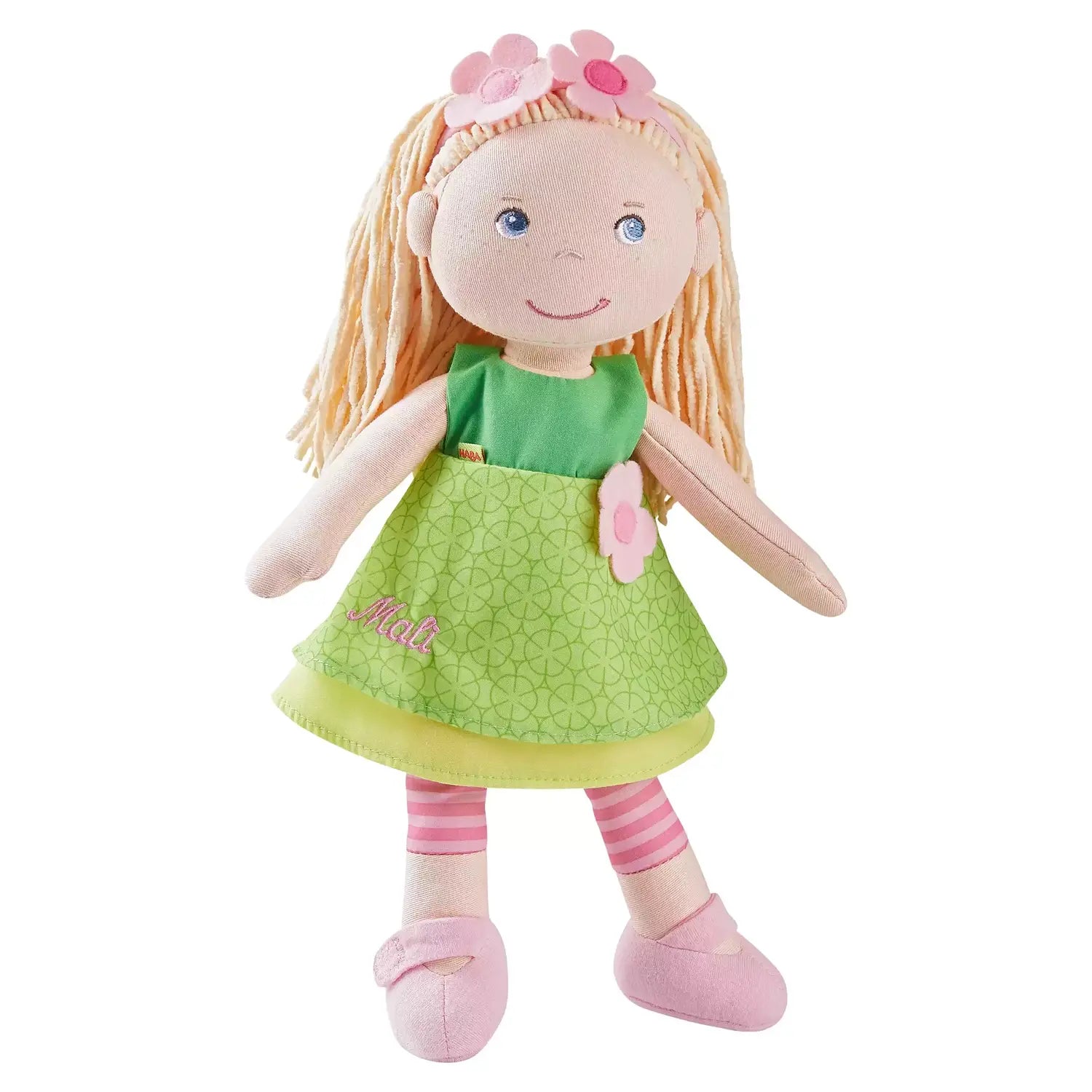 B-Ware Haba Stoffpuppe Puppe Mali Spielpuppe Kuschelpuppe Grünes Kleid Blondes Haar