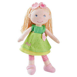 B-Ware Haba Stoffpuppe Puppe Mali Spielpuppe Kuschelpuppe Grünes Kleid Blondes Haar