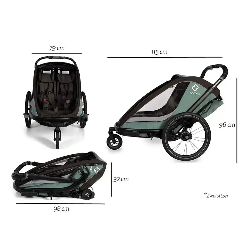B-Ware Hamax Fahrradanhänger Buggy Kindertransport Cocoon Zweisitzer Grün Schwarz - 7029774002310