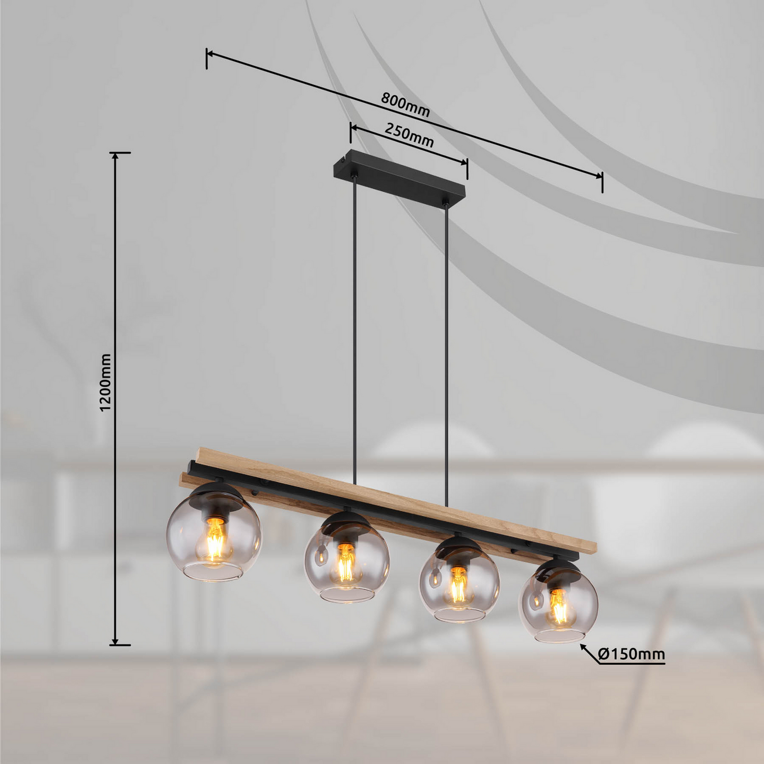 B-Ware Globo Hängelampe Pendelleuchte Conni Rauchgrau Glas Holz 4 Flammig 85 Cm - 9007371444236