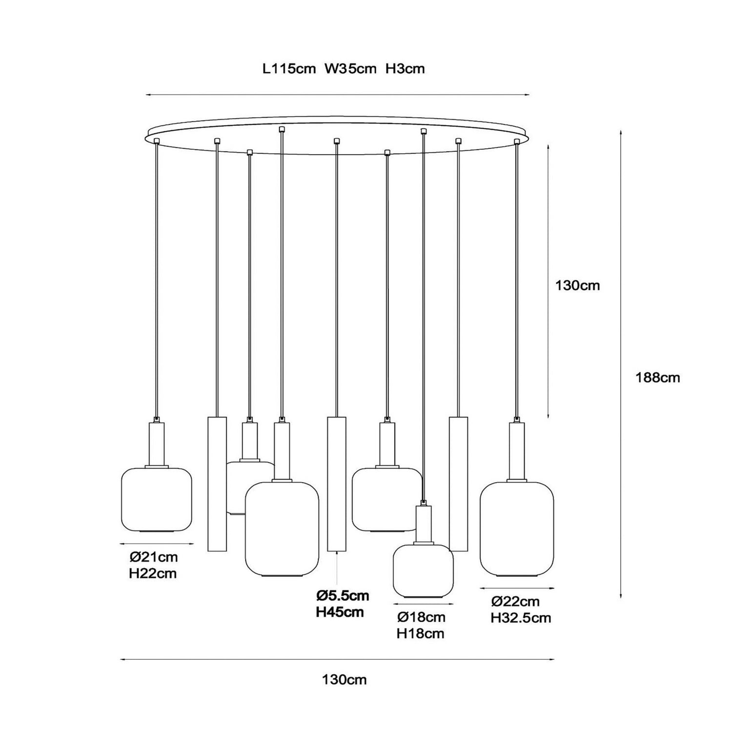 B-Ware Lucide Hängeleuchte Pendelleuchte Joanet Glas Rauchgrau Messing 130 Cm 9 Flammig - 5411212452931
