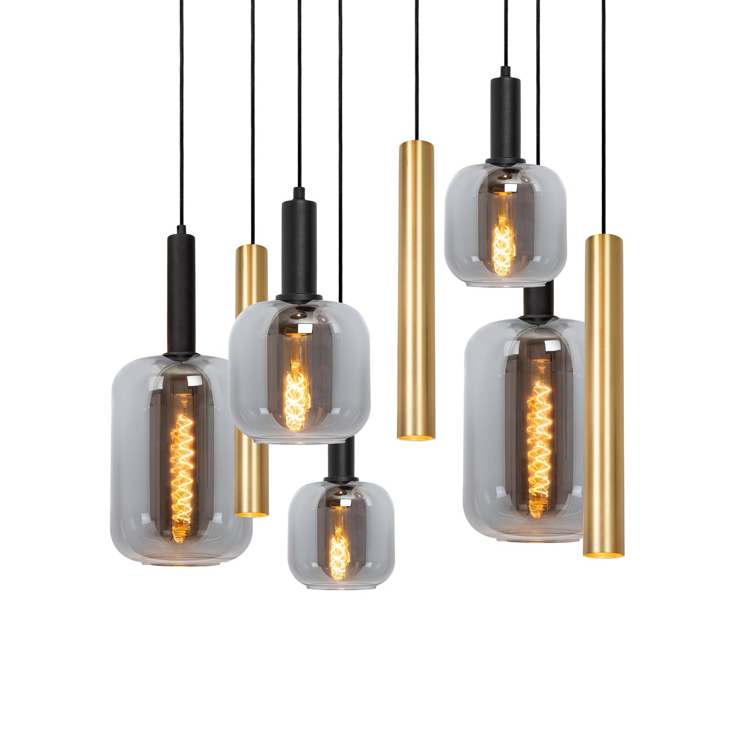 B-Ware Lucide Hängeleuchte Pendelleuchte Joanet Glas Rauchgrau Messing 130 Cm 9 Flammig - 5411212452931