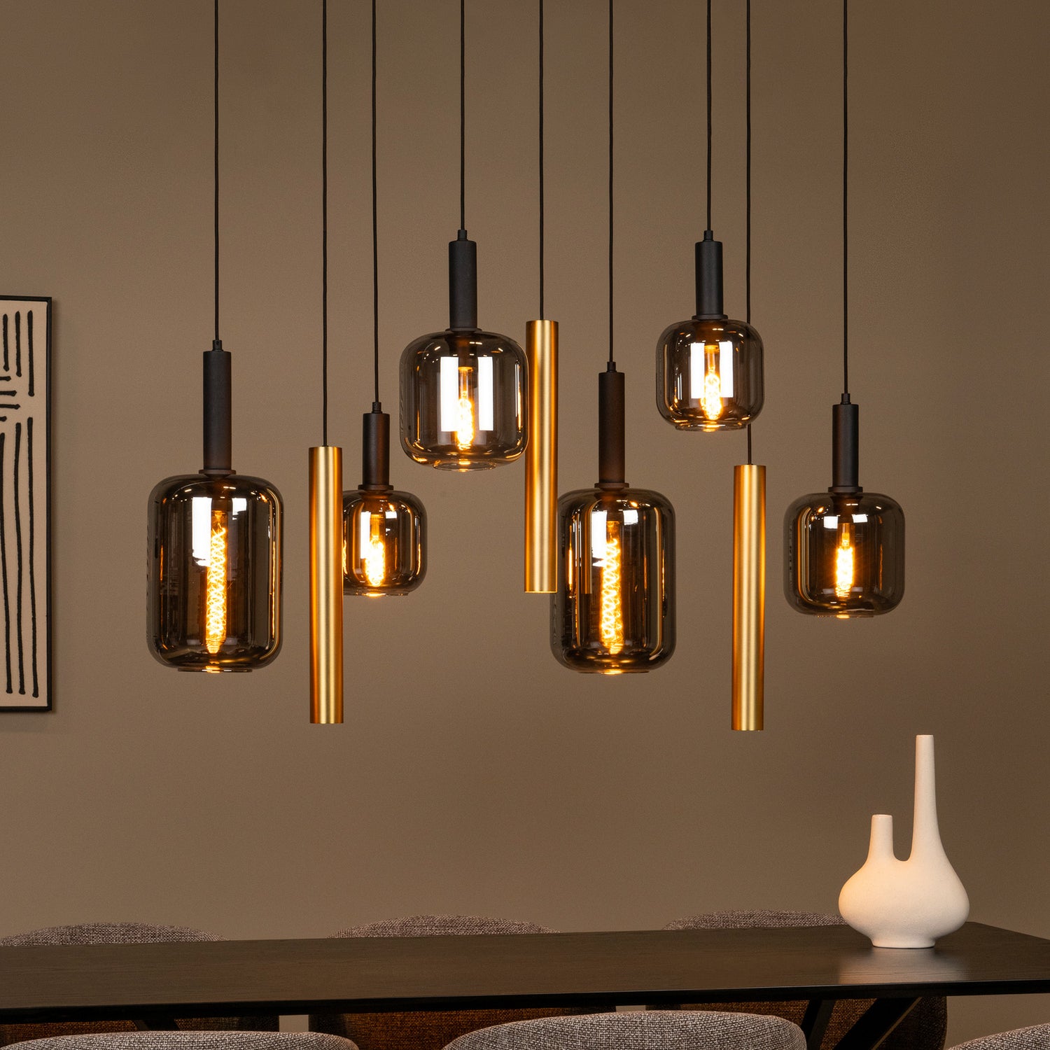 B-Ware Lucide Hängeleuchte Pendelleuchte Joanet Glas Rauchgrau Messing 130 Cm 9 Flammig - 5411212452931