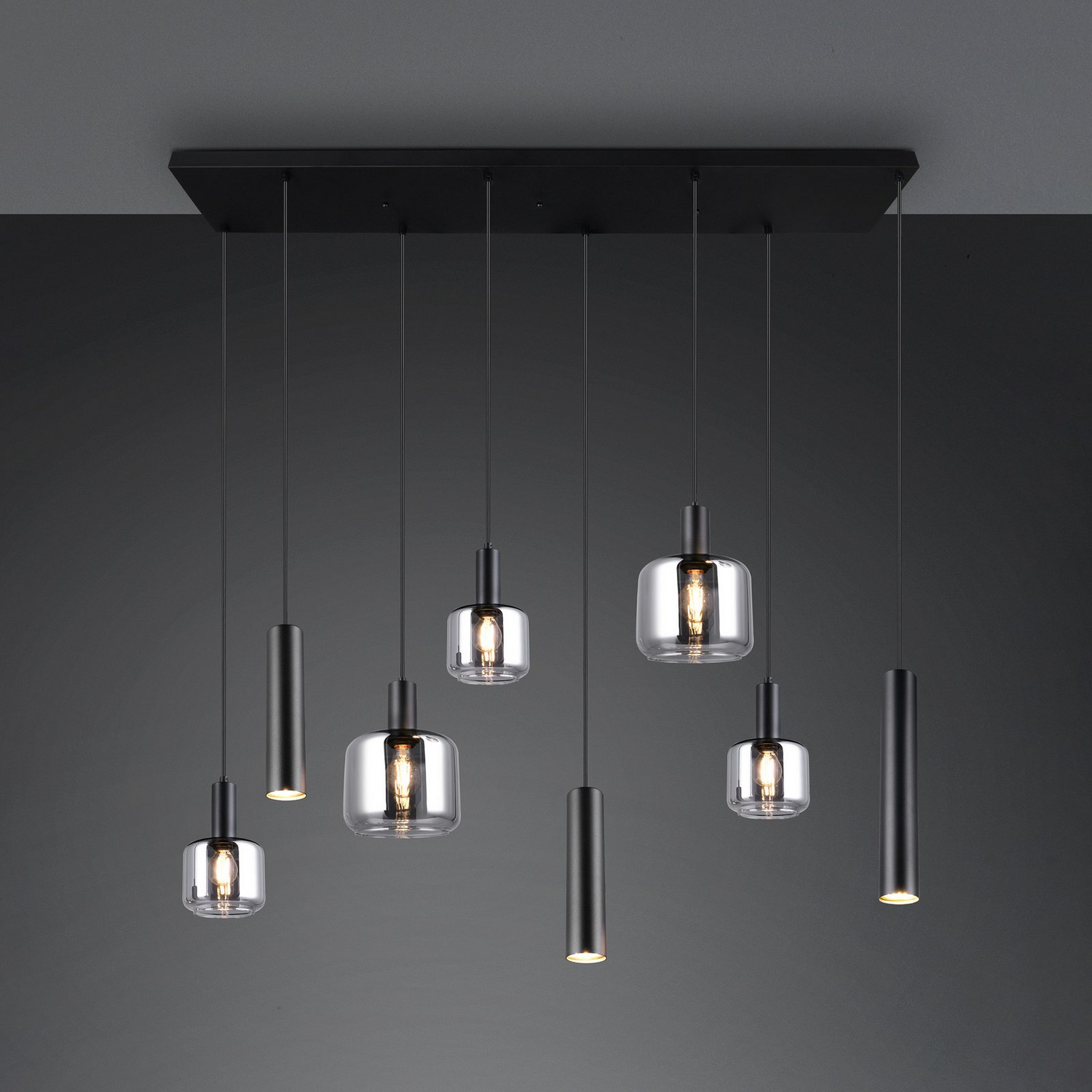 B-Ware Trio Lighting Hängelampe Pendelleuchte Mataro Chrom/Schwarz 118cm 8 Flg Glas  - 4017807612929