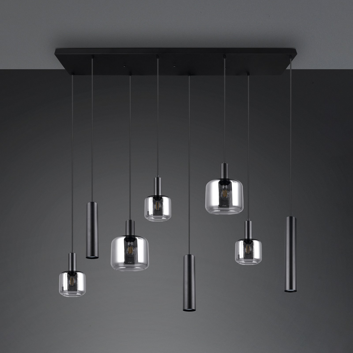 B-Ware Trio Lighting Hängelampe Pendelleuchte Mataro Chrom/Schwarz 118cm 8 Flg Glas  - 4017807612929