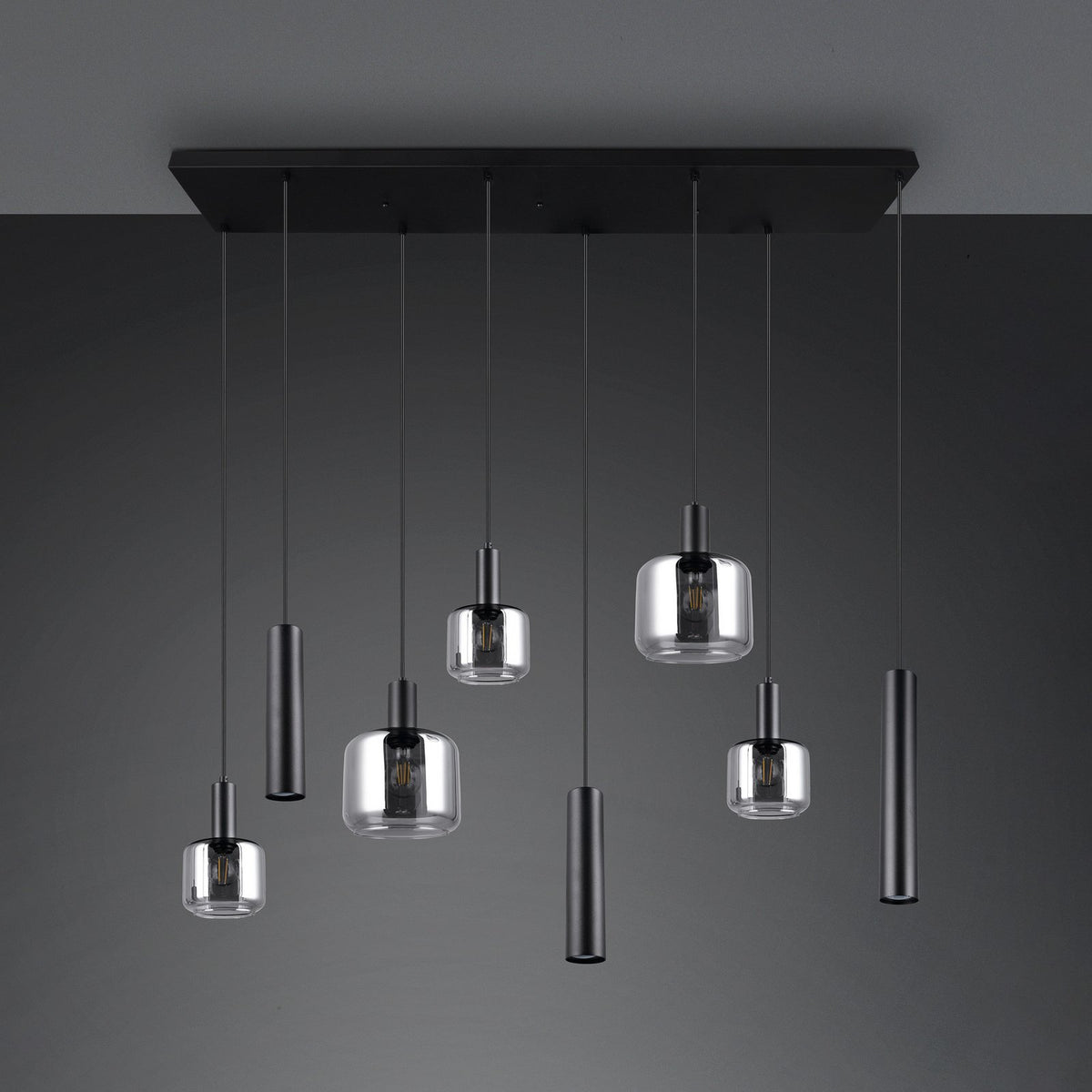 TRIO LIGHTING Hängelampe Pendelleuchte Mataro chrom/schwarz 118cm 8-flg Glas - 4017807612929