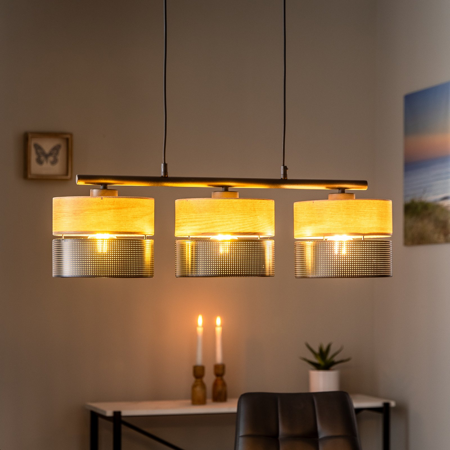 B-Ware Tk Lighting Hängelampe Nicol Leuchte Schwarz/Holzoptik 70x20 Cm 3 Flg Siehe Text - 5901780548018