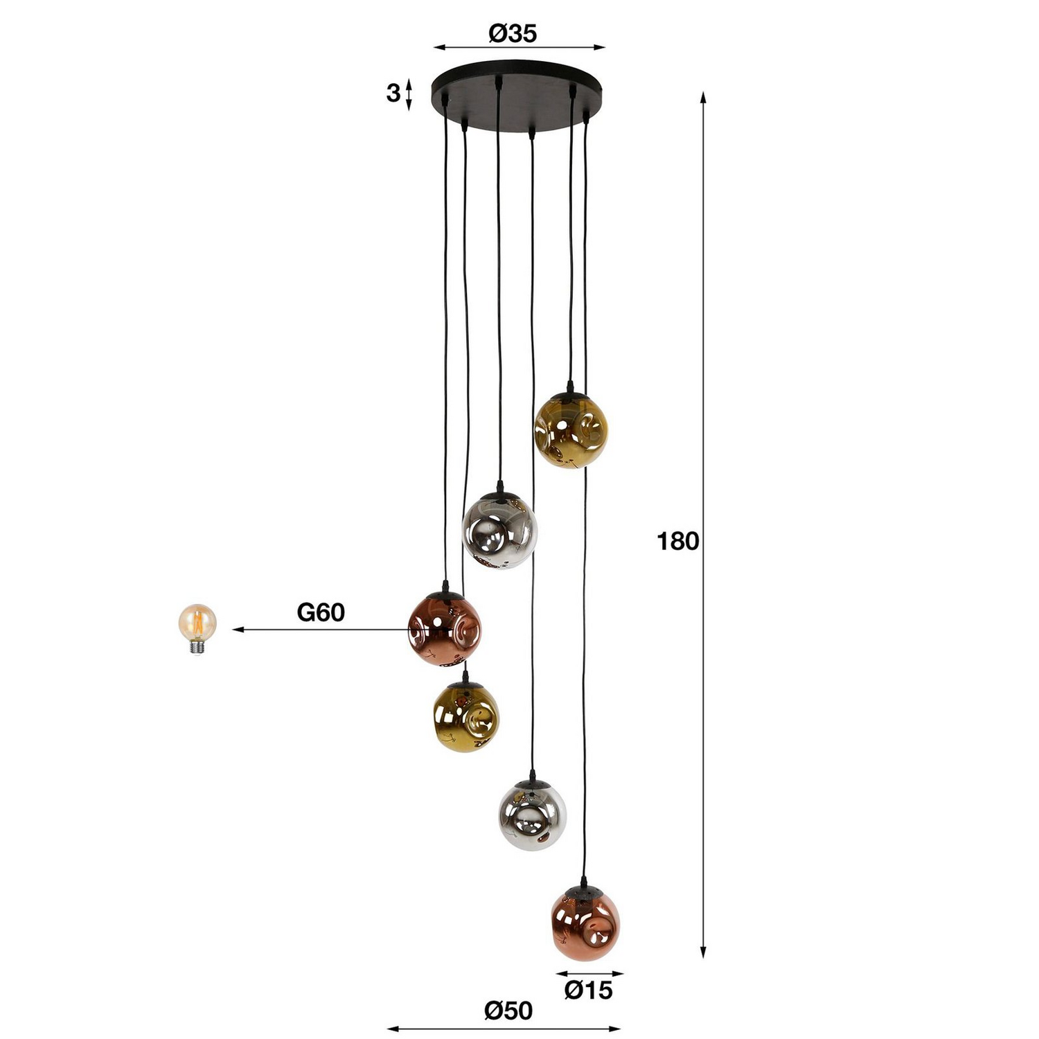 Ecolumeo Bologna Hängelampe Stellar, Gold/Silber Pendelleuchte, E27 6 Flammig B-Ware