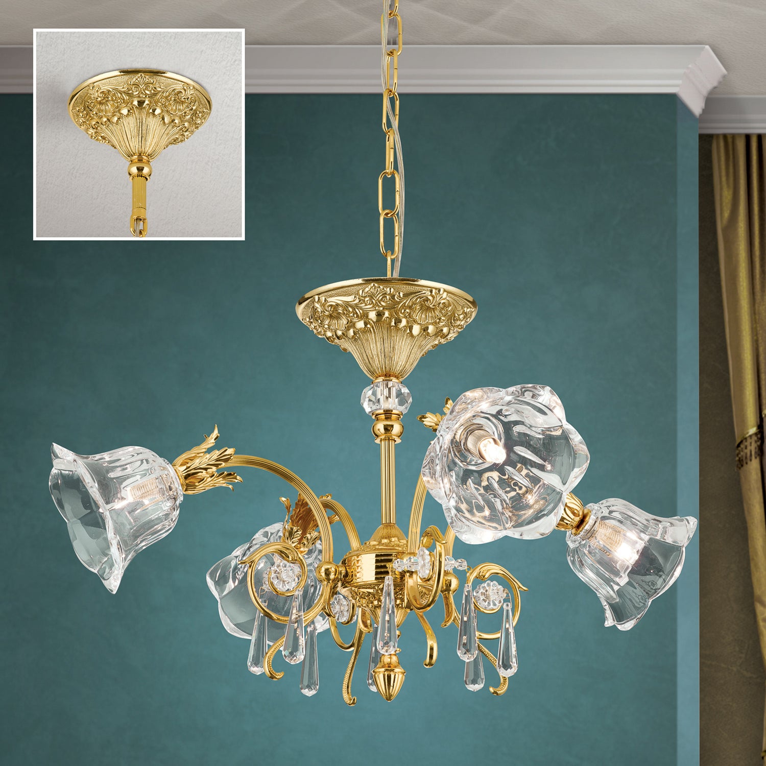 B-Ware Hängeleuchte Pendelleuchte La Boheme Gold Kristallglas Deckenlampe 4 Flg Messing - 9003090214747