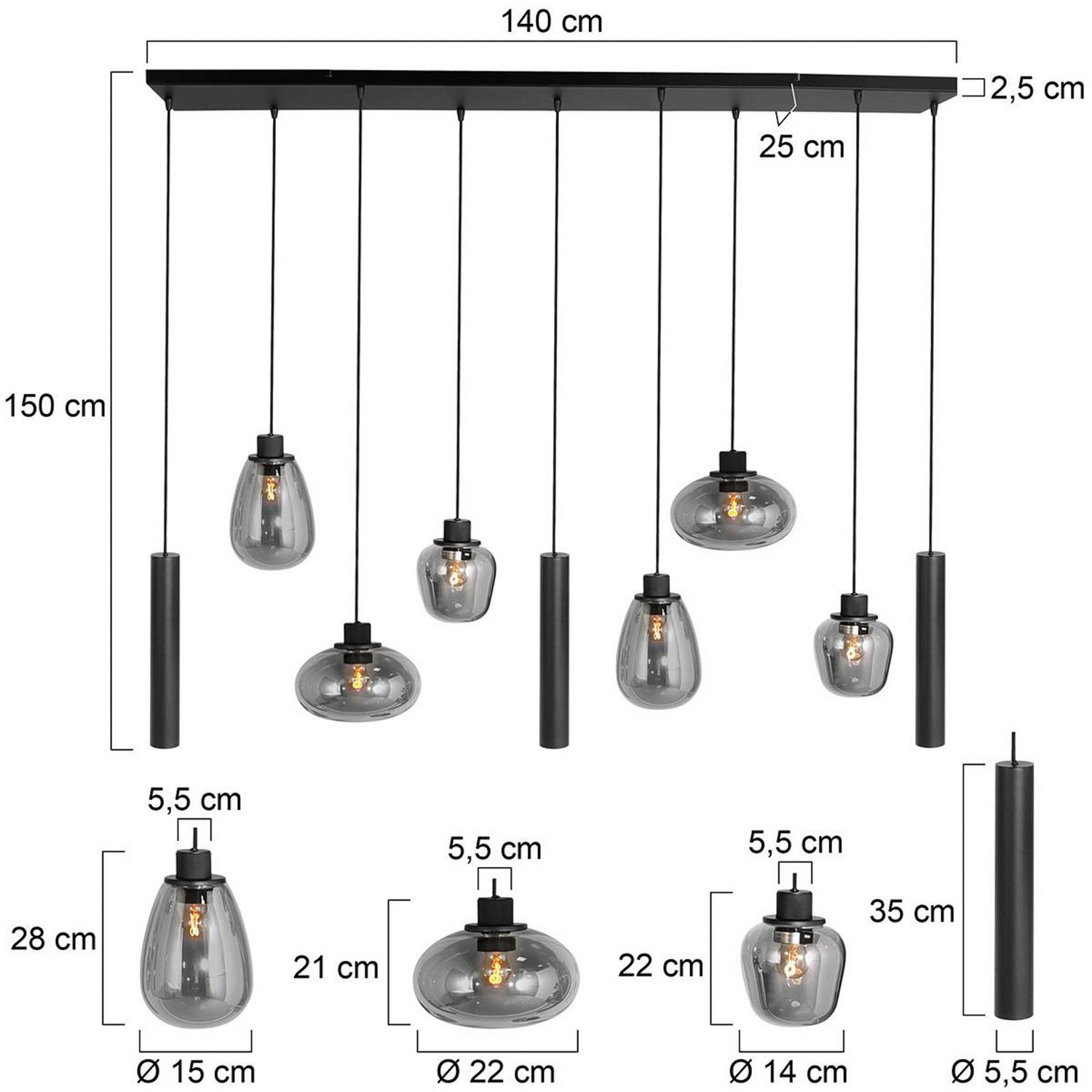 B-Ware Hängeleuchte Reflexion Deckenlampe Leuchte Metall Glas 9 Flammig Schwarz - 8712746172959