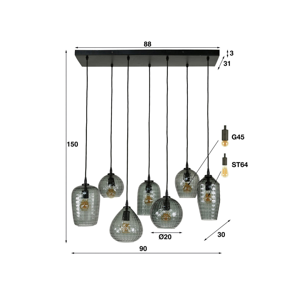Hängeleuchte Pendelleuchte Vanderberg rauchgrau Metall Glas 7-flammig E27 LED - 8713244170805