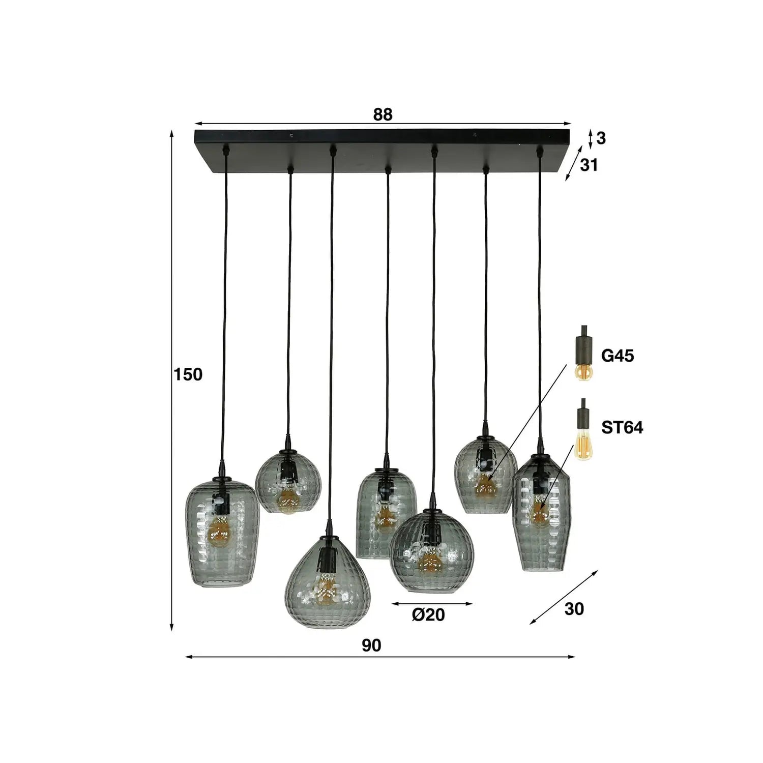 B-Ware Hängeleuchte Pendelleuchte Vanderberg Rauchgrau Metall Glas 7 Flammig E27 Led - 8713244170805