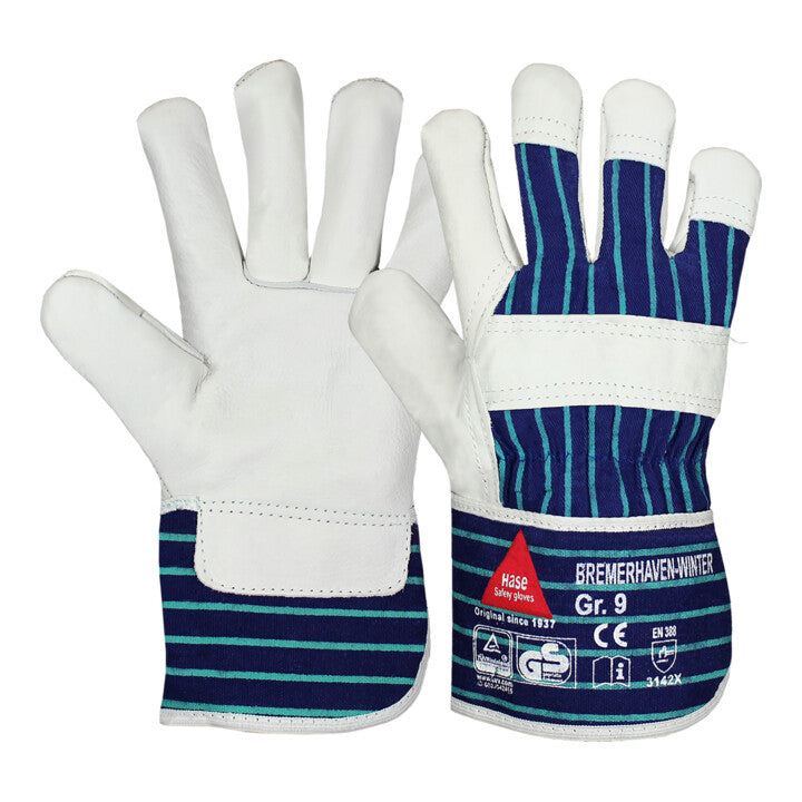 Hase Arbeitshandschuhe Handschuhe Winter Rindnarbenleder natur blau Größe 12 - 4018949295124