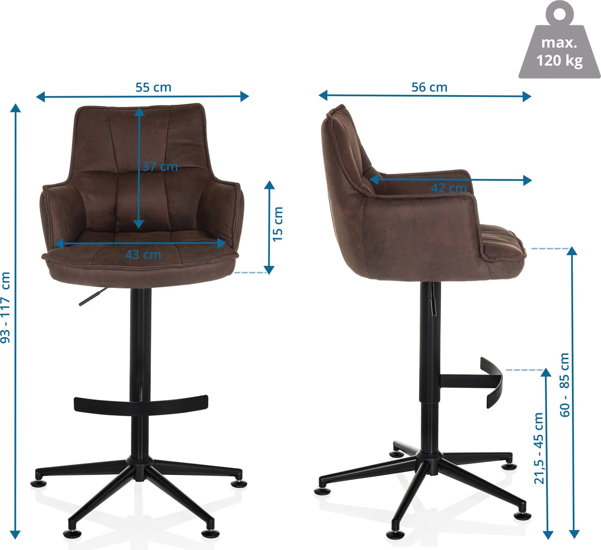 hjh LIVING Barhocker Hocker Drehstuhl Microfaser Braun mit Armlehnen SOLAO High - 4064323106630