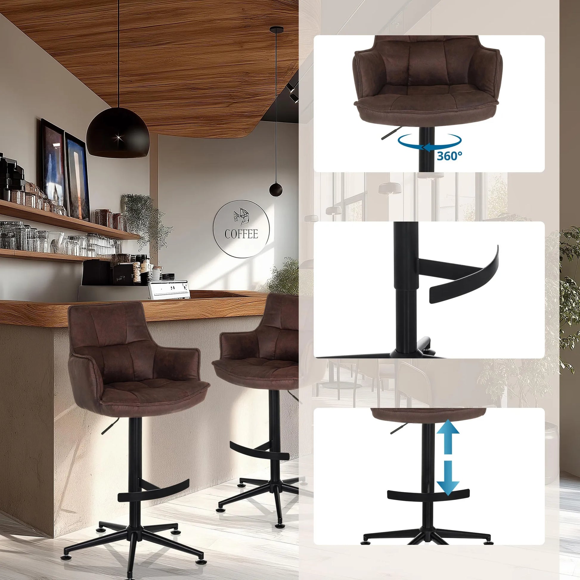 hjh LIVING Barhocker Hocker Drehstuhl Microfaser Braun mit Armlehnen SOLAO High - 4064323106630