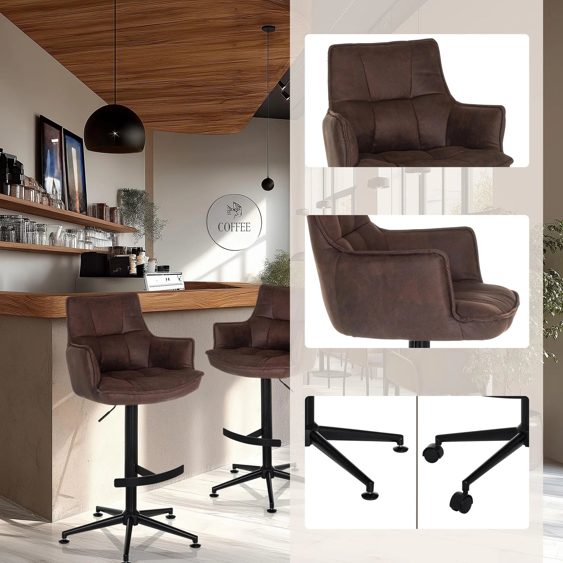 hjh LIVING Barhocker Hocker Drehstuhl Microfaser Braun mit Armlehnen SOLAO High - 4064323106630