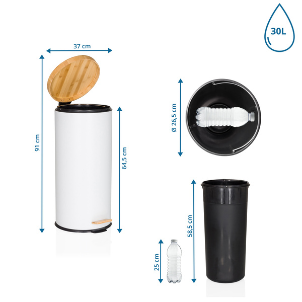 B-Ware Hjh Office Abfallsammler / Mülleimer Clean Bamboo 30 L Stahl/Bambus Weiß Matt  - 4064323107347