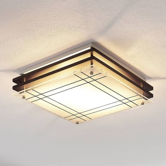 B-Ware Lindby Holz Deckenlampe Thees Deckenlicht Deckenleuchte Leuchte Kariertes Glas - 4251096557312