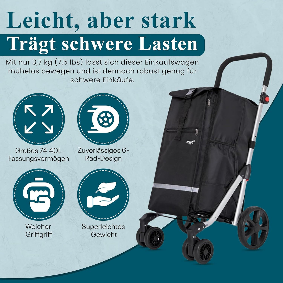 Hoppa Einkaufstrolley Einkaufswagen Trolley Schwarz Faltbar 74L 6 Räder 5 Tasche - 5038230168479