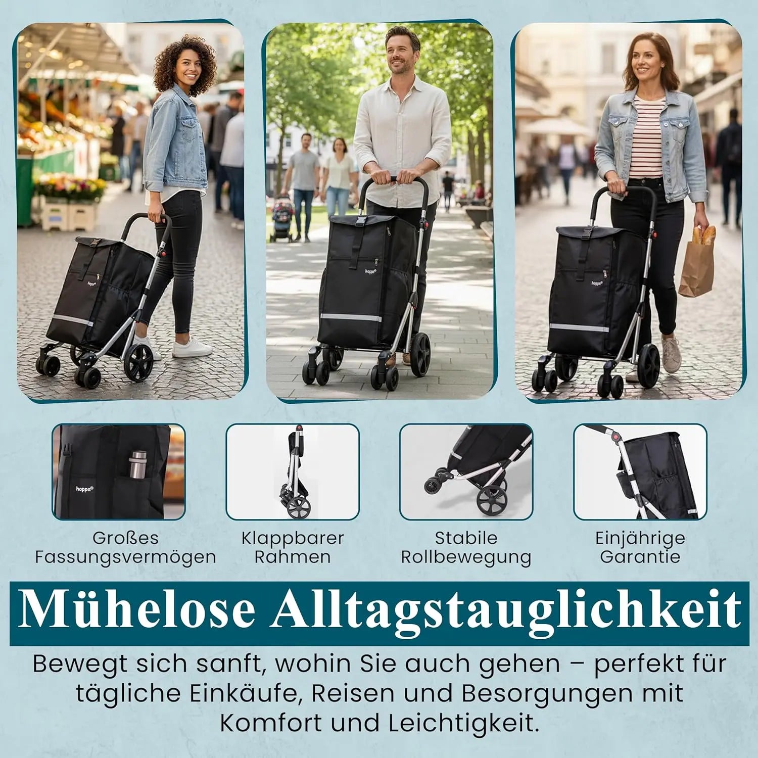 B-Ware Hoppa Einkaufstrolley Einkaufswagen Trolley Schwarz Faltbar 74 L 6 Räder 5 Tasche - 5038230168479