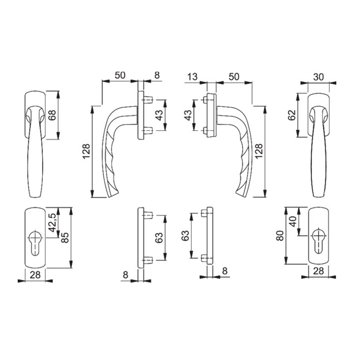 B-Ware Hoppe Balkongarnitur Set Türbeschlag Aluminium F1 Natur 63 73mm 7mm Vierkant - 4012789503098
