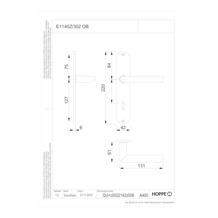 Hoppe Langschildgarnitur Drückergarnitur Türgriff Edelstahl F69 72mm Din B-Ware