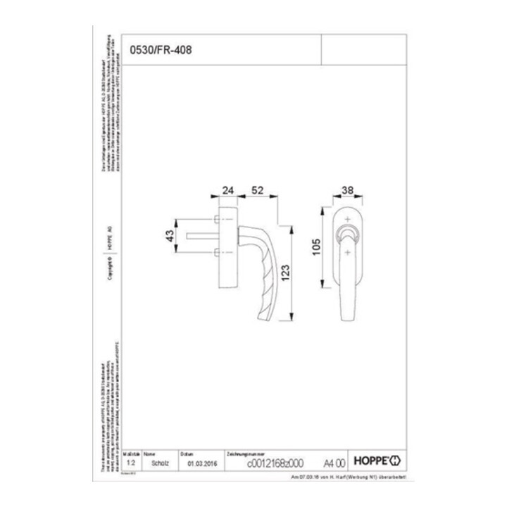 B-Ware Hoppe Fenstergriff Griff E Fenstergriff Atlanta 0530/Fr 408 Aluminium F1 Variofit - 4012789696554