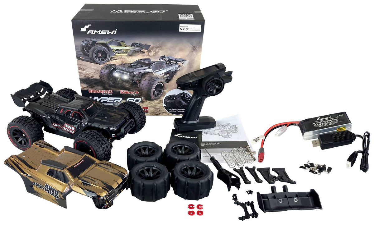 Amewi Hyper GO 1:14 RC Truggy Brushless 4WD 55km/h RtR Schwarz Gold Monstertruck - 4262408972990