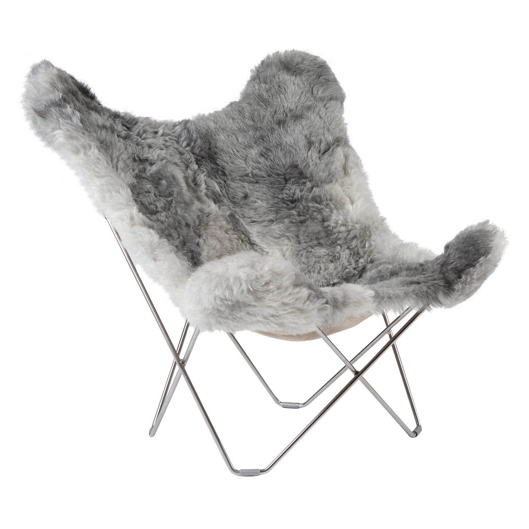 Cuero Iceland Mariposa Butterfly Chair Sessel Lammfell Shorn Grey Gestell Chrom B-Ware - 7340172611226
