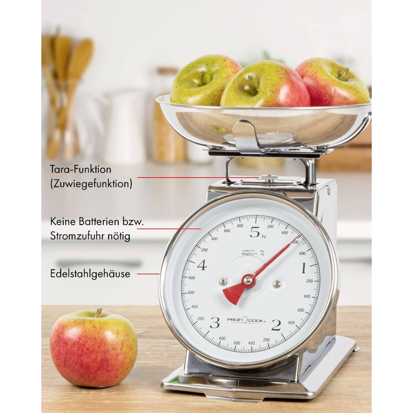 Profi Cook Küchenwaage analog Edelstahl 5kg mit Messschale 260x206x255mm 1340g - 4006160124705