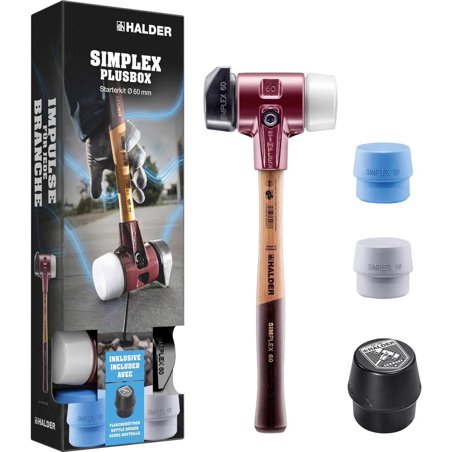 Halder Schonhammer Hammer Simplex Gummi Superplastik Einsatz Flaschenöffner Set - 4030618313960