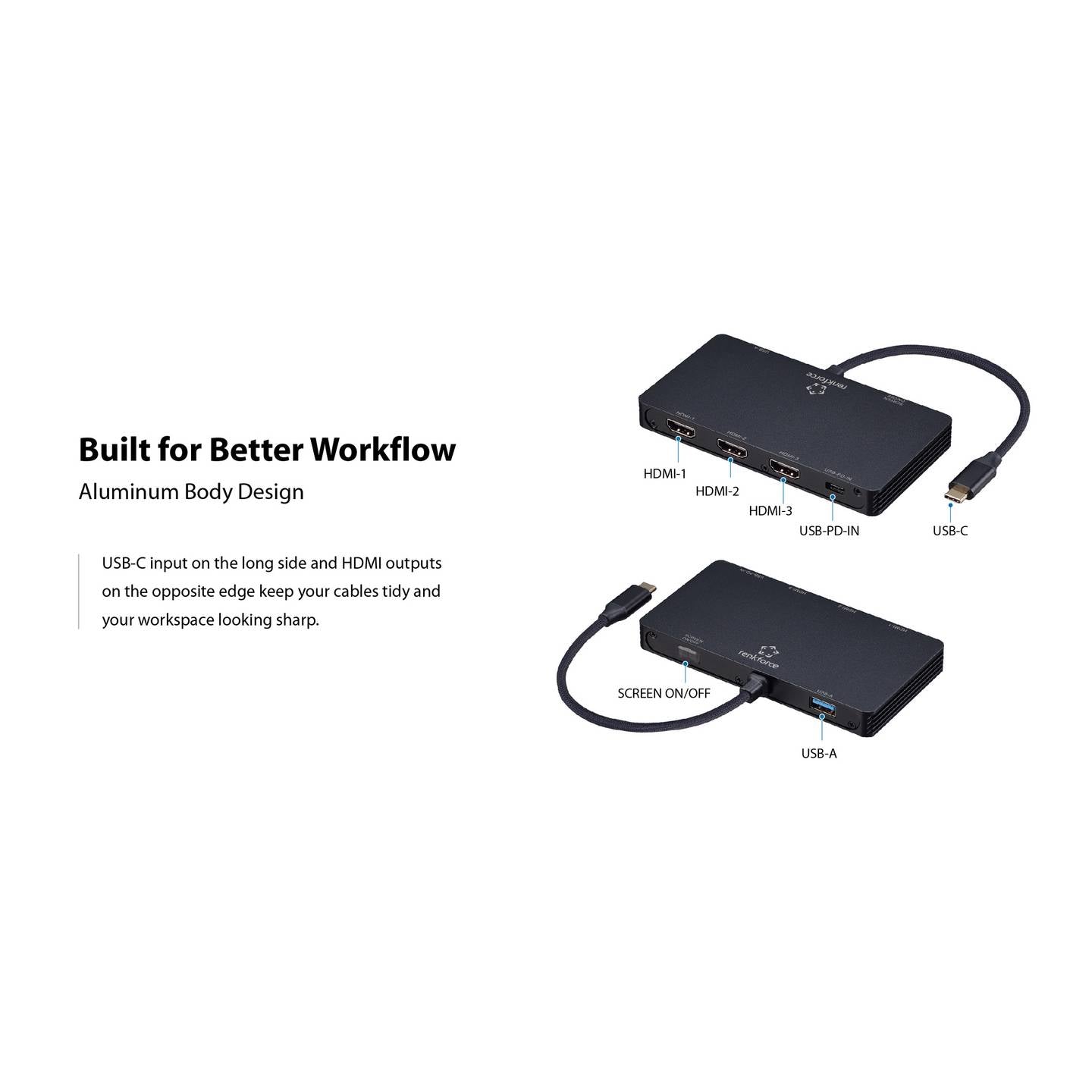 Renkforce USB-C Dockingstation RF-USBHA-550 HDMI 3-fach Power Delivery schwarz - 4064161476391