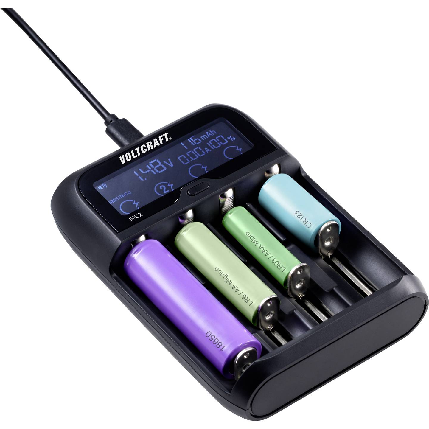 Voltcraft Rundzellen-Ladegerät IPC-2 NiMH NiCd LiIon LiFePO 4-fach USB 2000mA - 4053199938469