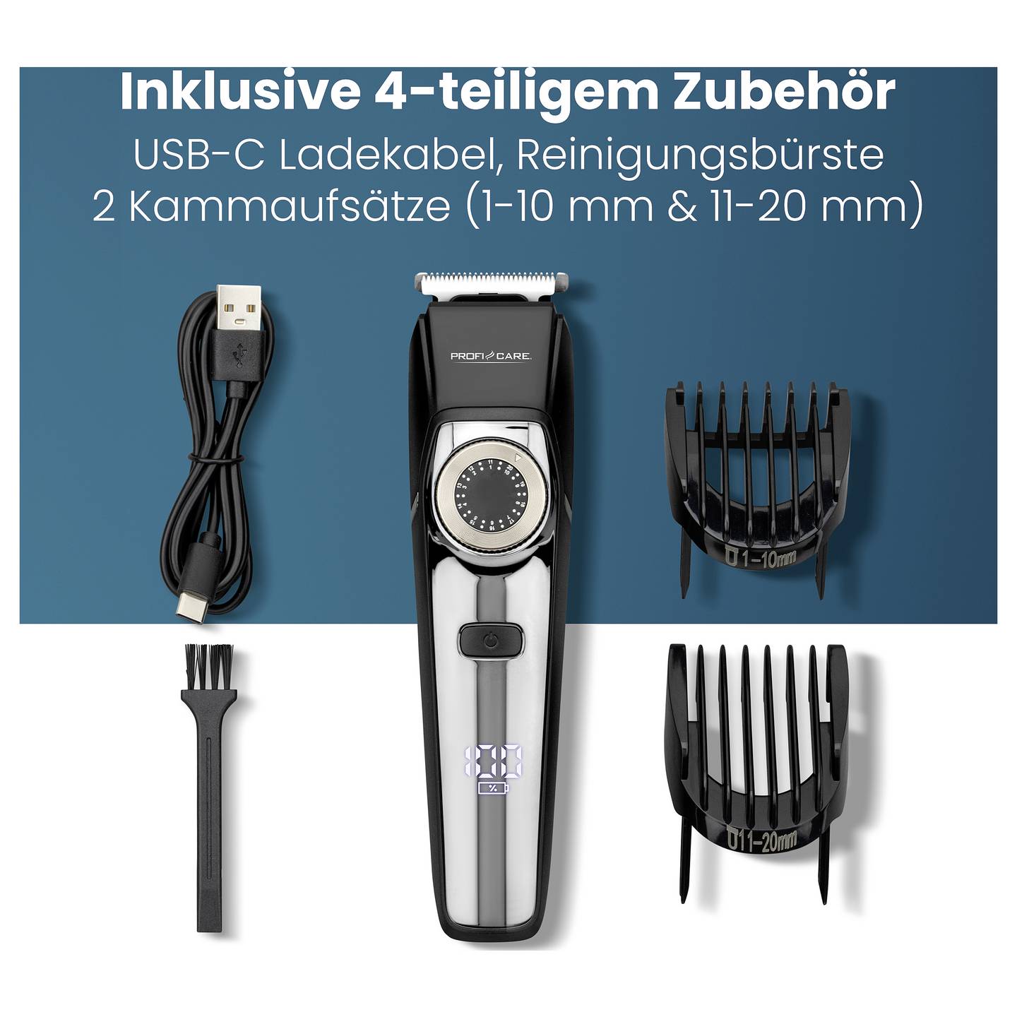 Profi Care Haar- und Bartschneidemaschine Trimmer Chrom-Schwarz USB Ladefunktion - 4006160131314