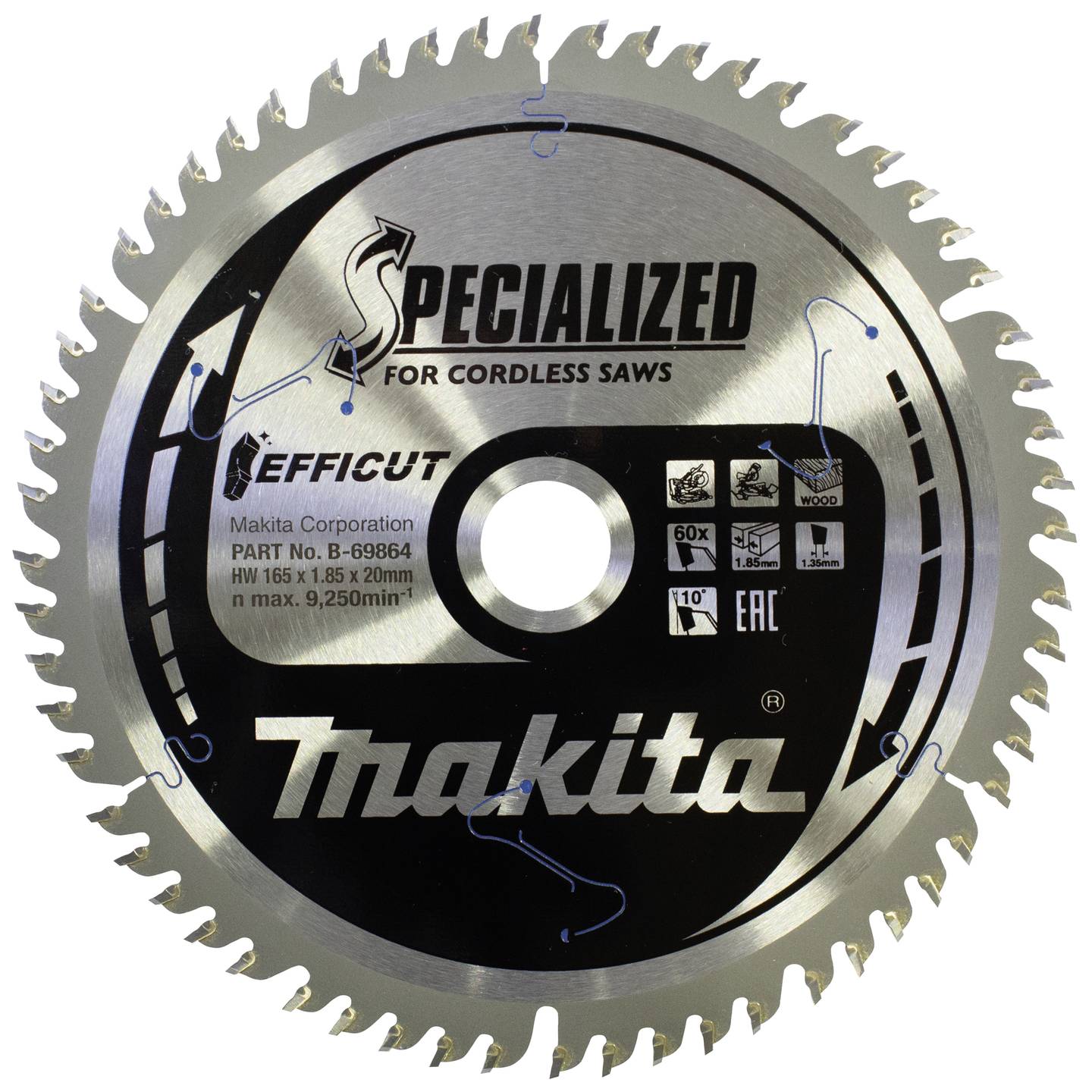 Makita Kreissägeblatt 165mm 60 Zähne EFFICUT Holz Sägeblatt 1,85mm dick 1 St. - 088381549462