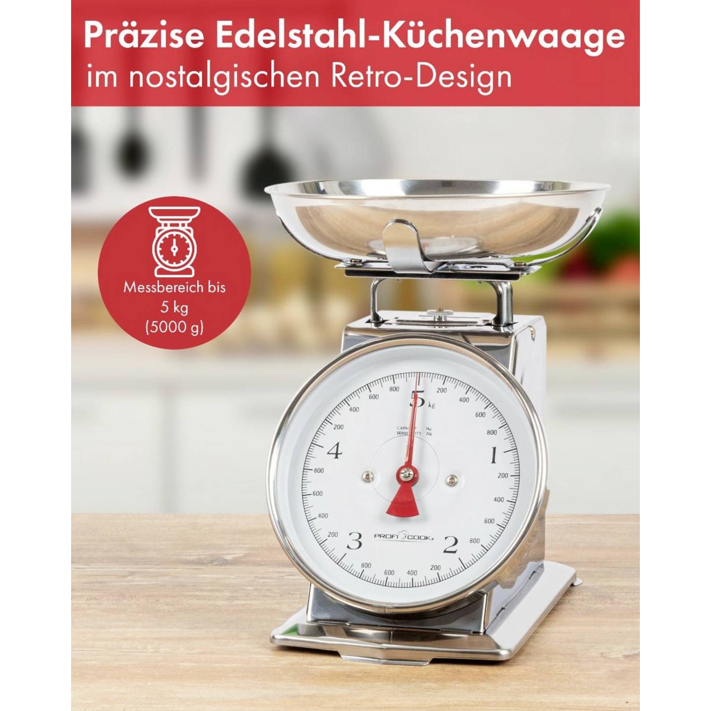 Profi Cook Küchenwaage analog Edelstahl 5kg mit Messschale 260x206x255mm 1340g - 4006160124705
